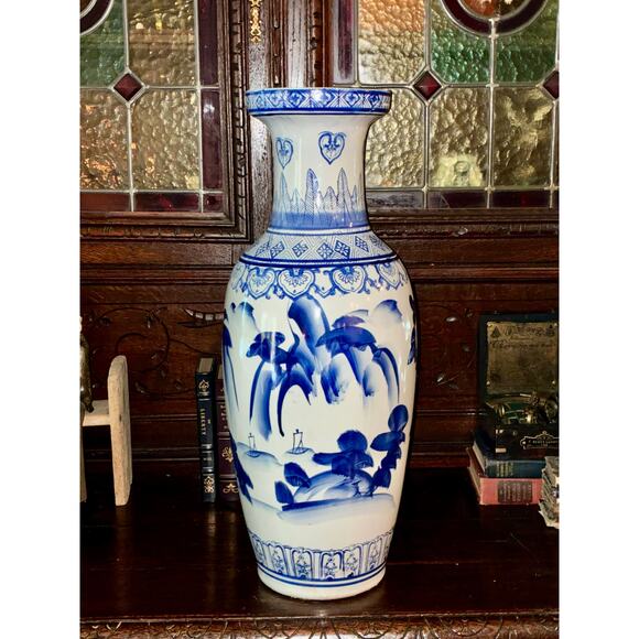 Extra-Large Vintage Blue & White Porcelain Vase – 23” - Picture 2 of 4